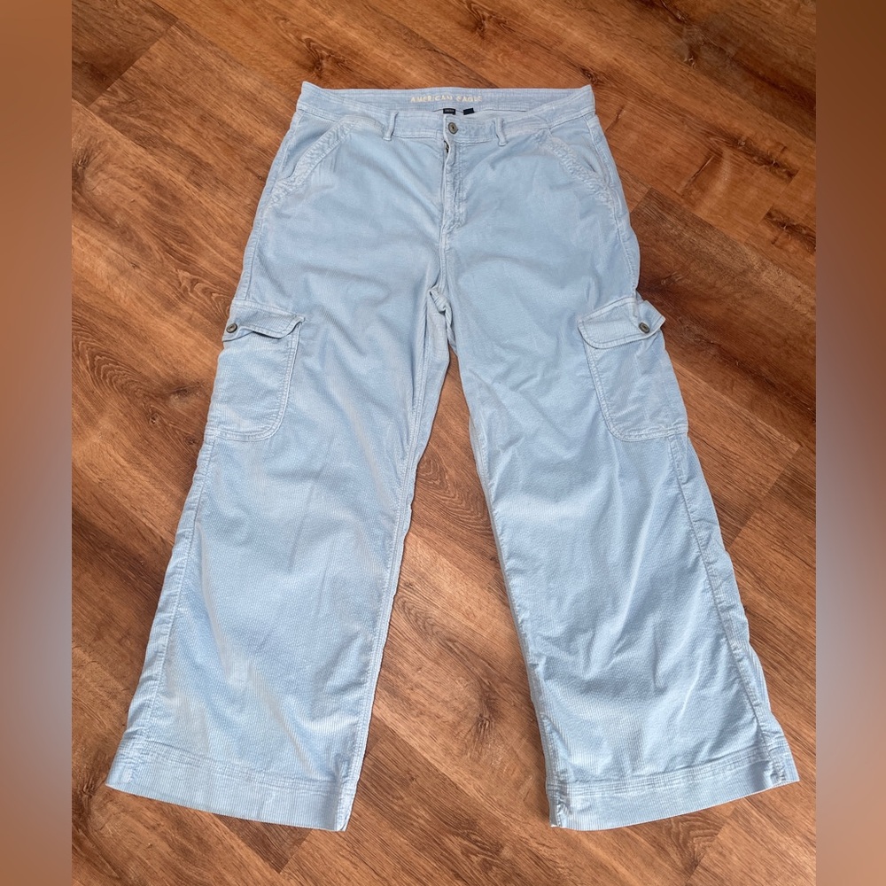 American Eagle Super High Rise Baggy Wide Leg Corduroy Cargo Pants Size 18 Blue